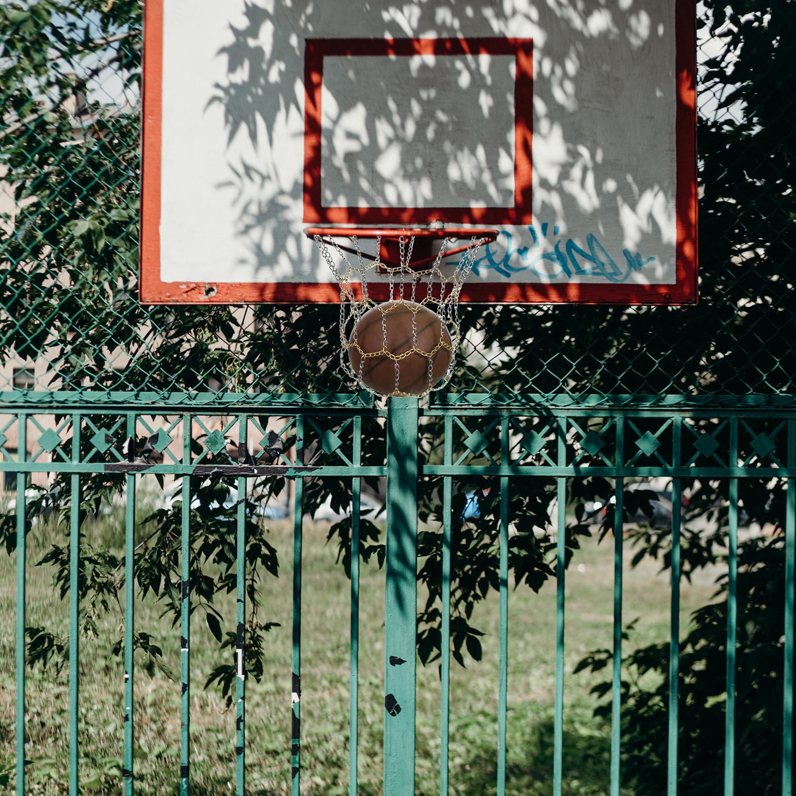 LULULION Tangle-Resistant Silver Iron Basketball Net for Parks and Campuses