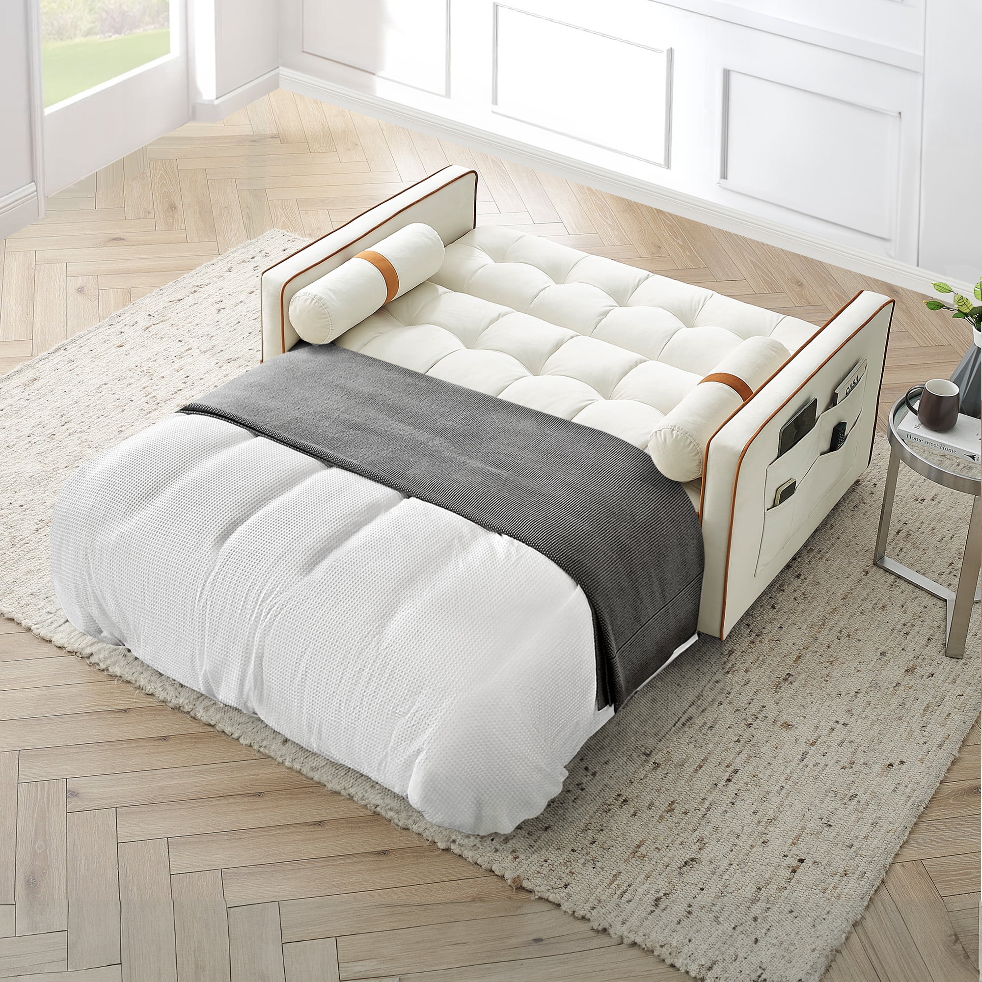 Muumblus 55" Pull Out Sofa Bed - Tufted Velvet Convertible Loveseat Sleeper Sofa Couch for Living Room, Beige