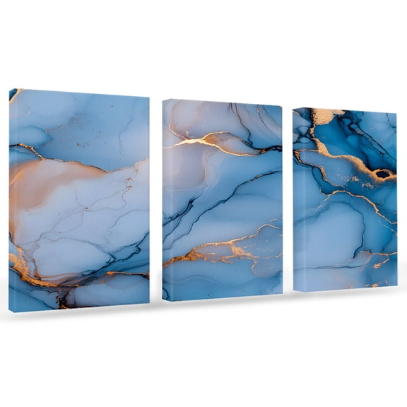 Blue Gold Marble Texture Canvas Wall Art 3 Panels, Abstract Water Ripple Gradient Framed Wall Decor Modern Artwork Prints Painting for Living Room, Bedroom, Kitchen & Cafe Decor 12" x 16"