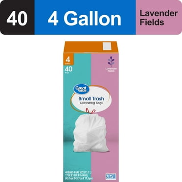 Great Value Drawstring Trash Bags 4 Gallon White Lavender Fields, 40 Bags