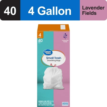Great Value Drawstring Trash Bags 4 Gallon White Lavender Fields, 40 Bags