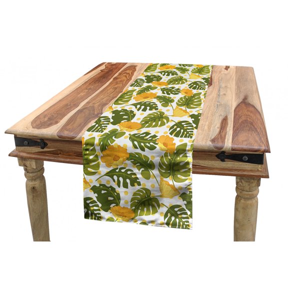 Leaves Table Runner, Monstera Plants and Blossoming Flowers from Hawaii Tropical, Dining Room Kitchen Rectangular Runner, 3 Sizes, by Ambesonne