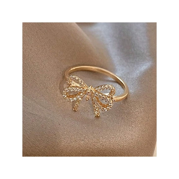 Yellow Gold Bowknot Rhinestone Ring For Women Fashion Jewelry