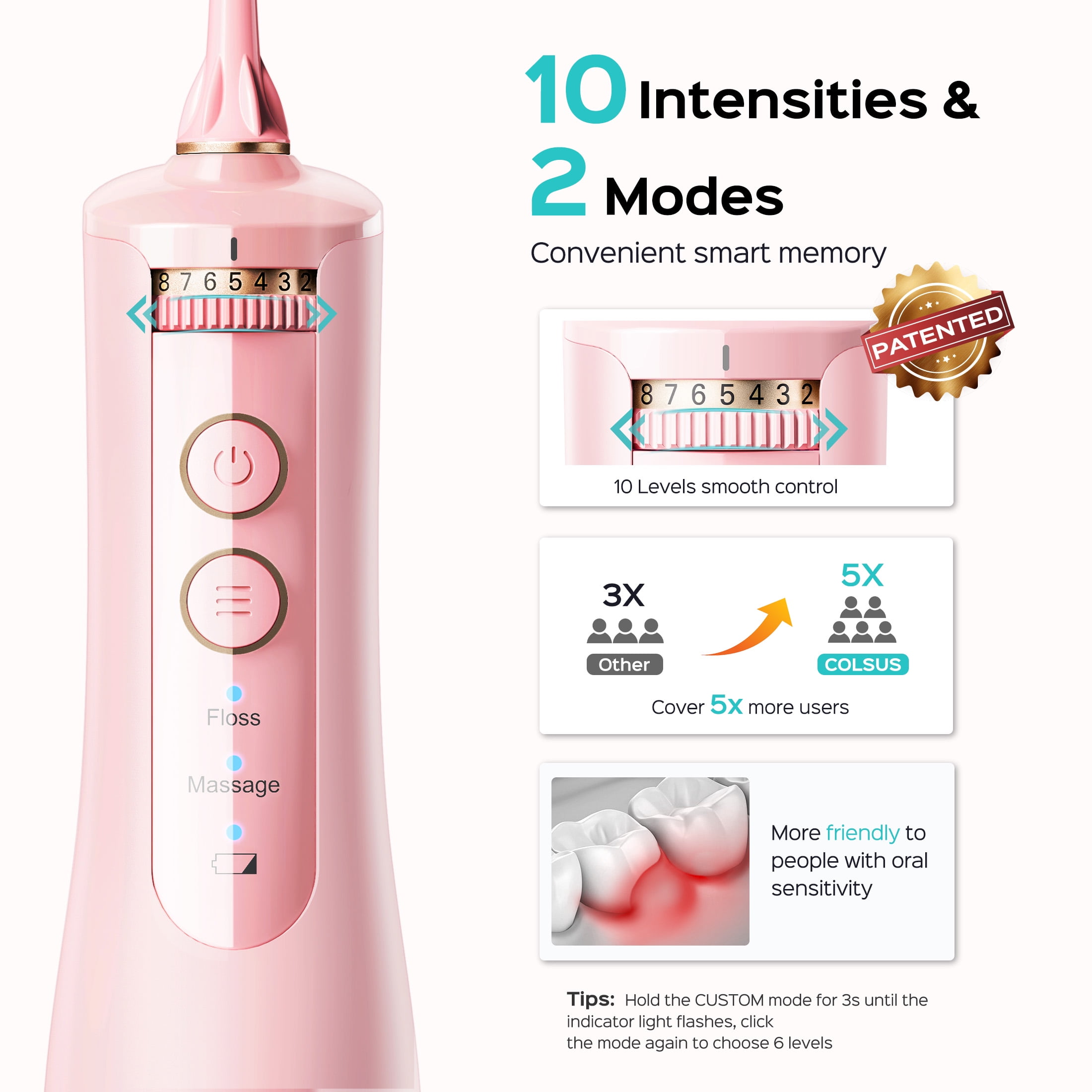 COSLUS E40 Portable Water Flosser for Teeth,ADA Accepted,Water Dental Flosser with 10 Pressure Settings,Rechargeable,Cordless, for Travel-Pink