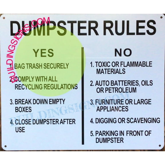 DUMPSTER RULES SIGN (10X12,WHITE BACKGROUND,ALUMINUM) -ref15822