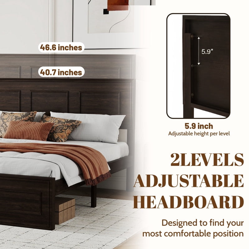 Vintage Queen Size Platform Bed with Adjustable Height Headboard, Wooden Low-Profile Bed Frame with Under-Bed Storage