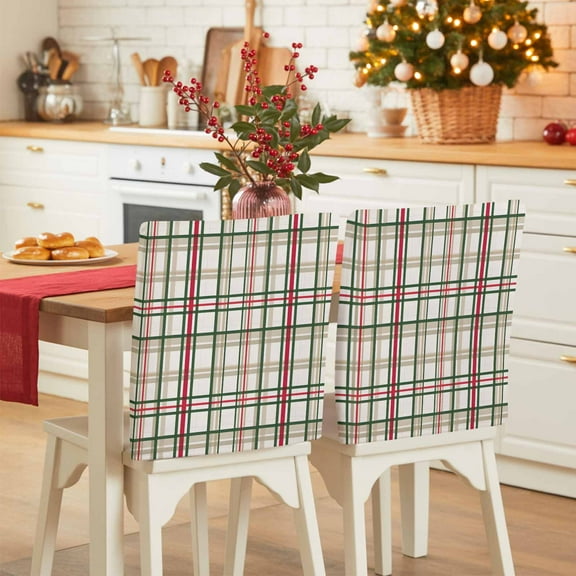 Christmas Theme Chair Covers Set of 4 Classical Plaid Green Red Brown Stripe Chair Back Covers Stretch Removable Washable Slipcovers Protector for Dining Room Kitchen Party Decor