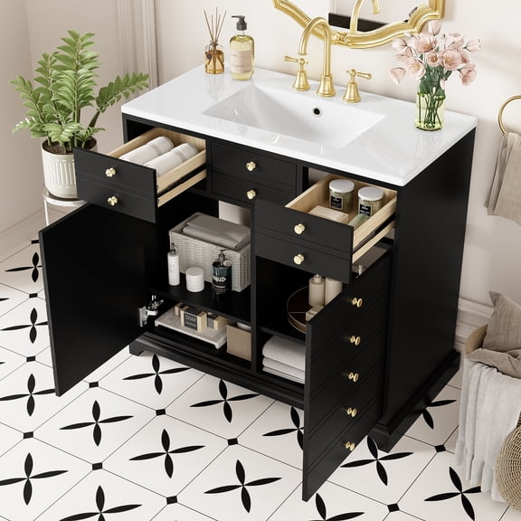 DTTRA 36" Bathroom Vanity with Ceramic Sink, Solid Wood Frame, 2 Drawers and Soft Closing Doors, Black