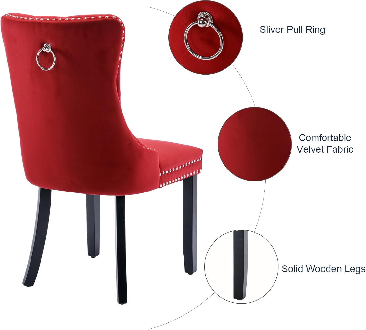 MOONMISS Dining Chairs 2-Pcs Set, High-end Velvet Upholstered Accent Chairs Button Tufted Dining Chairs with Back Ring Pull and Nailhead Trim,Red