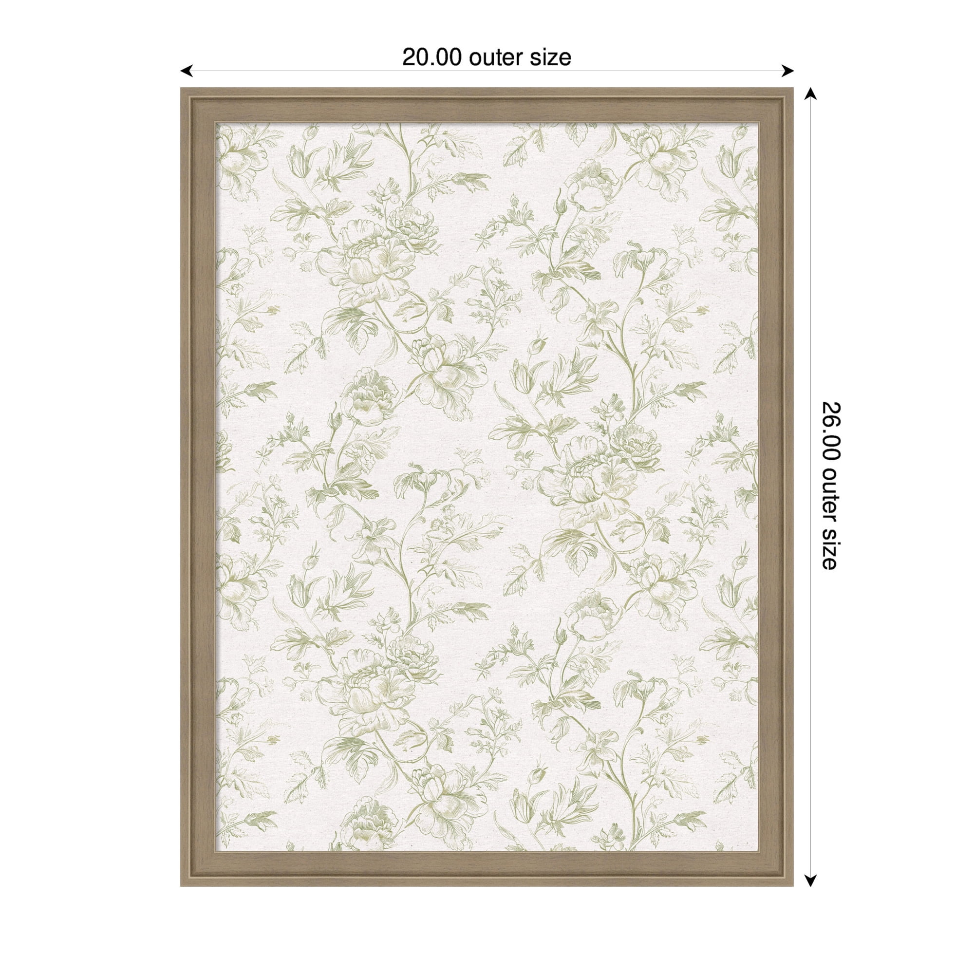Kate and Laurel Framed Fabric Pinboard 20 x 26, Green and White Floral Toile Printed Linen Casual Transitional Bulletin Board for Vision Board or Wall Organization, Florence Light Brown Frame