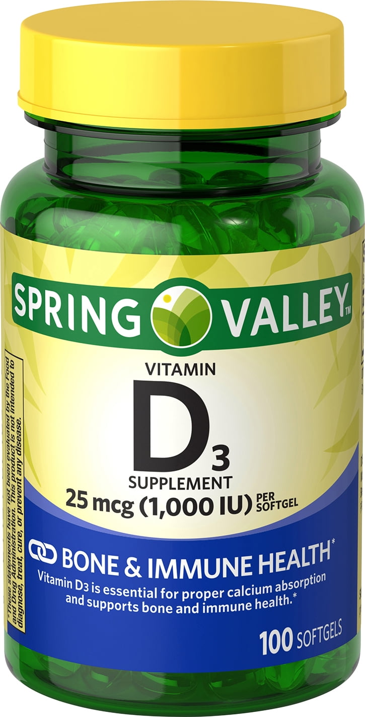 Spring Valley Vitamin D3 Softgels, 25mcg, 1,000 IU, 100 Count Walmart