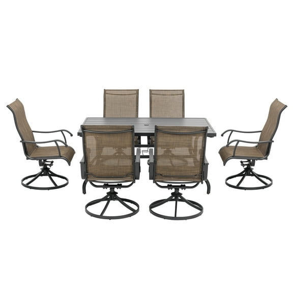 Nuu Garden 7 Piece Outdoor Dining Set Iron Patio Furniture Set 6 Swivel Patio Chairs and 1 Dining Table with 1.57 Inch Umbrella Hole, Brown