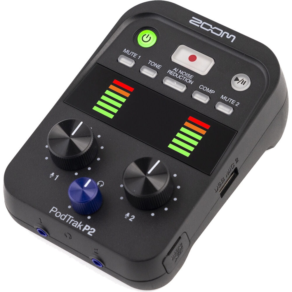 Zoom PodTrak P2 Dual USB Mic Recorder for Podcasters Bundle With 4x AA Batteries With Charger + Extreme Pro 64GB microSDXC Memory Card + Cleaning kit + 6 Pack Wire Straps