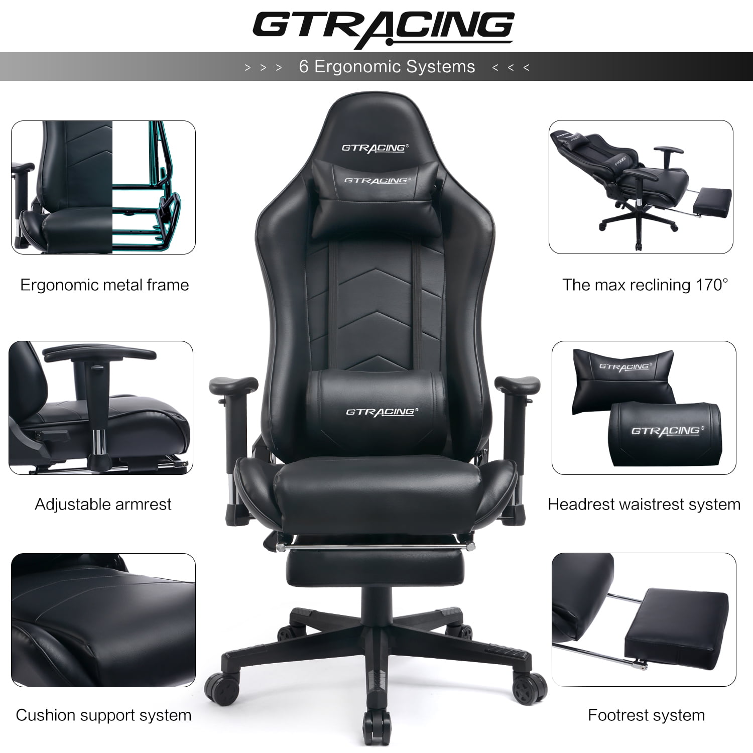 GTRACING Gaming Chair with Footrest Ergonomic Reclining Leather