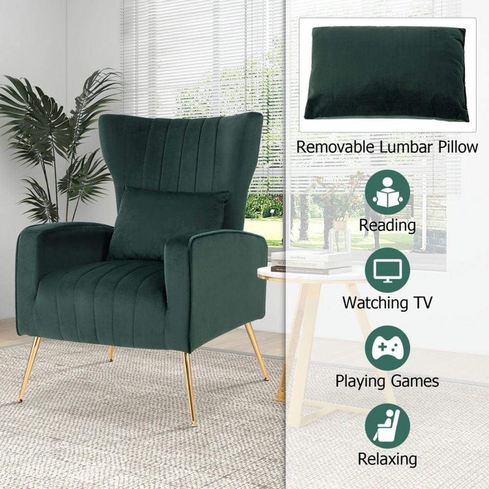 Finihen Accent Chair, Wingback Accent Armchair, Modern Accent Chair, Velvet Upholstered Wingback Chair with Lumbar Pillow and Golden Metal Legs, for Living Room, Bedroom, Turquoise Finihen Accent Chair, Wingback Accent Armchair, Modern Accent Chair, Velvet Upholstered Wingback Chair with Lumbar Pillow and Golden Metal Legs, for Living Room, Bedroom, Turquoise