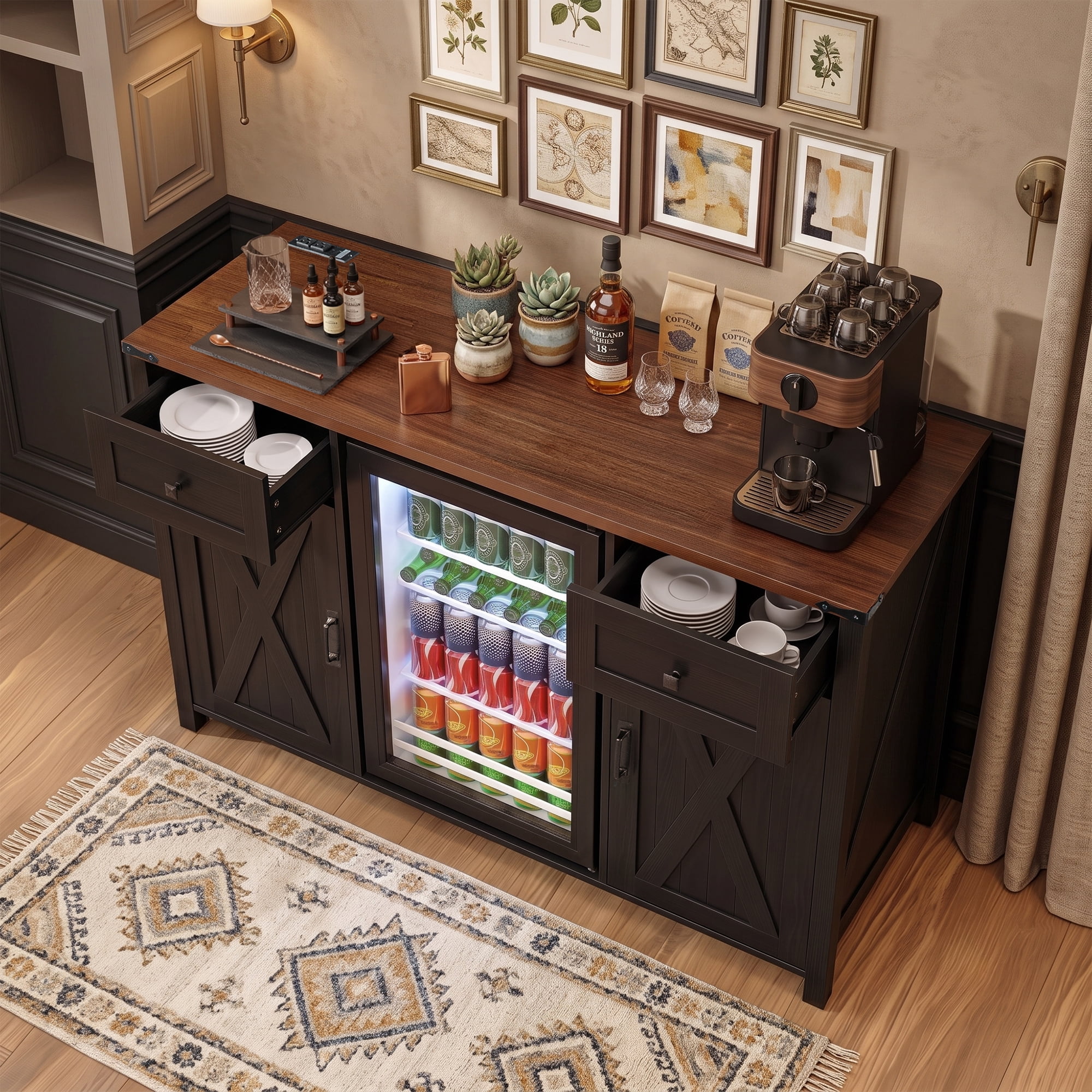 Mintazer 53.2" Farmhouse Coffee Bar Cabinet with Fridge Space & Charging Station, Barn Doors Sideboard Buffet Storage Cabinet with Drawers & Wine Glass Rack for Kitchen Dining Room Home Bar, Black