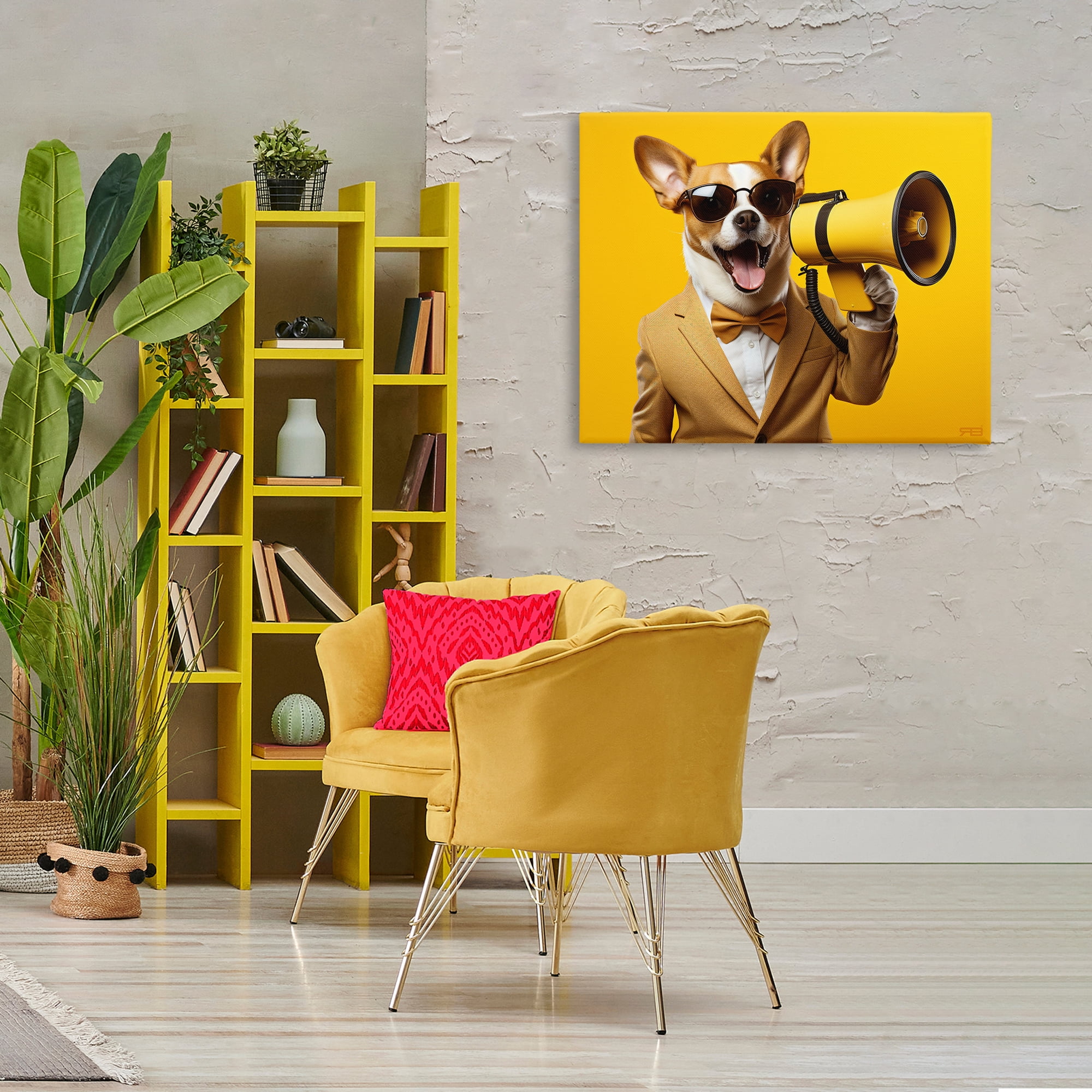 Stupell Industries Dog with Yellow Megaphone Animals & Insects Painting Gallery Wrapped Canvas Art Print Wall Art, 40 x 30