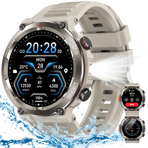 Blackview Rugged Smart Watch for Men, 1.45" HD Display Bluetooth Calling Smartwatch with Flashlight, Compass, 960mAh Battery, 100  Sports Modes, Military Style Fitness Watch for Android iPhone,Khaki