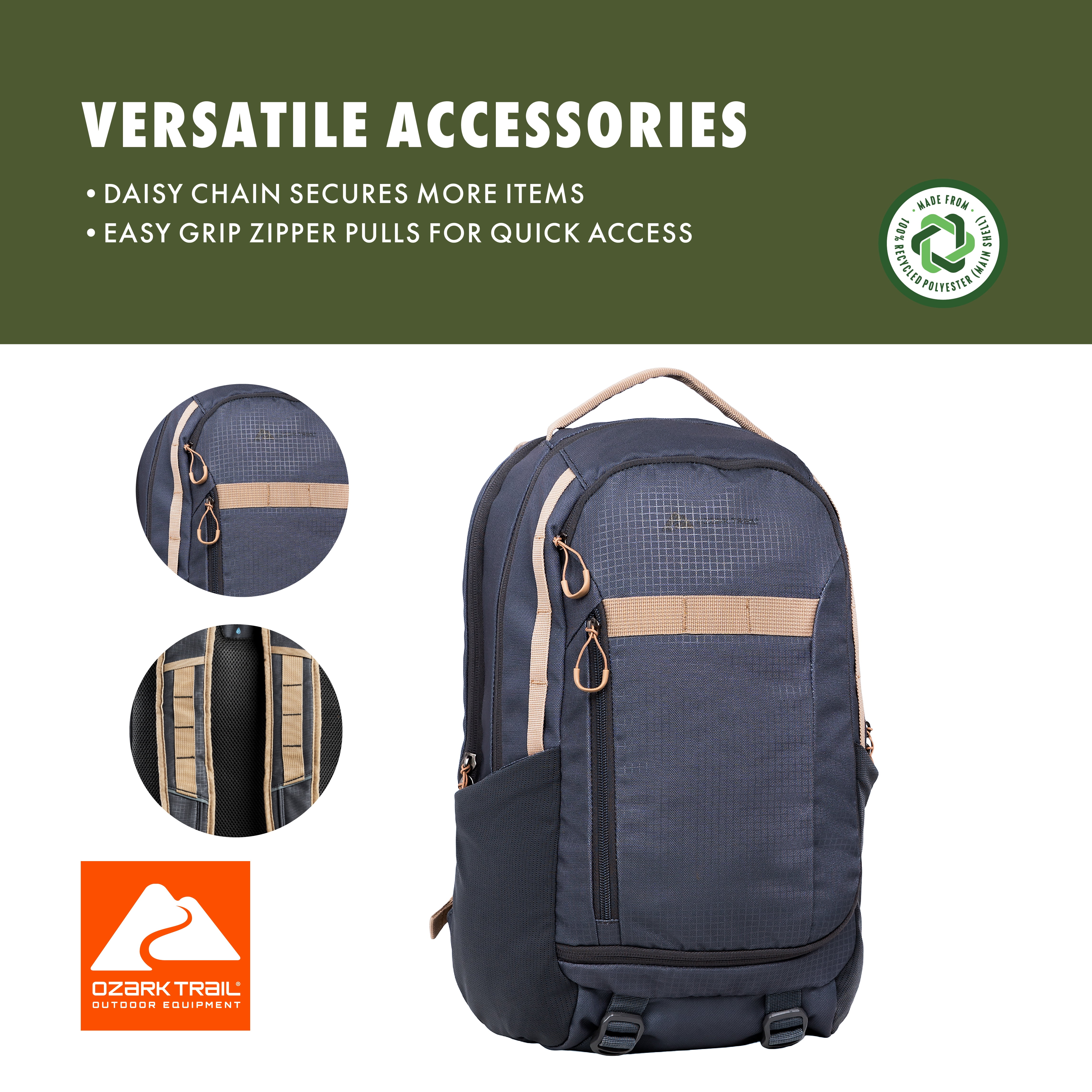 Ozark Trail 20L Adult/Teen Polyester Cedar Daypack Backpack with Padded Laptop Compartment, Gray