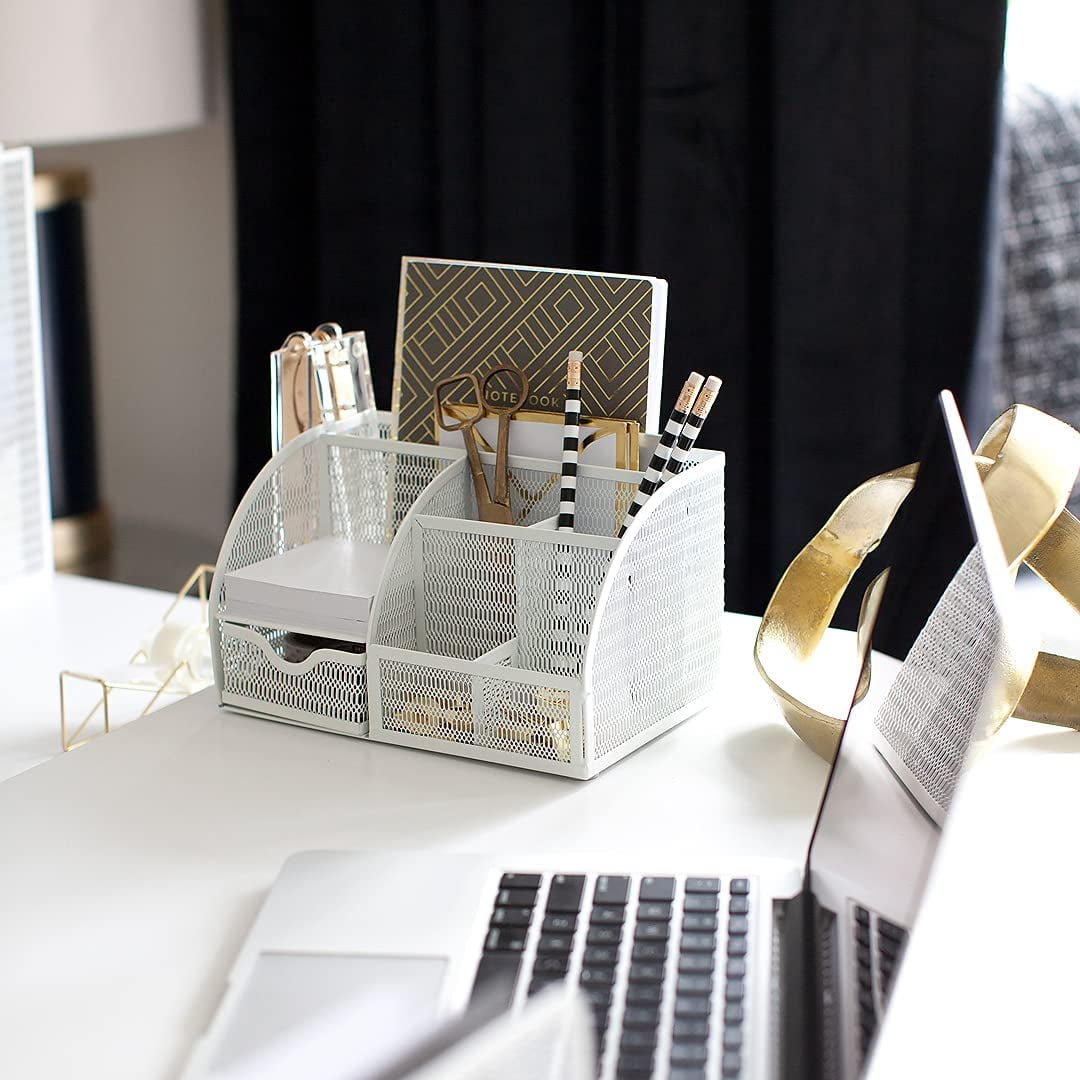 Blu Monaco Monte Unique Metal White Desk Organizer with Drawer