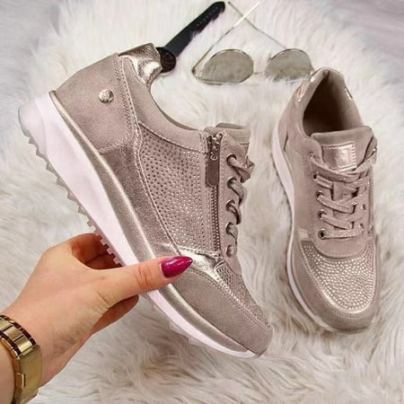 

TUTUnaumb Hot Sale Clearance Fashion Women Casual Pumps Thick Bottom Hot Drilling Zipper Lacing Sports Shoes for Leisure and Outdoor-Beige