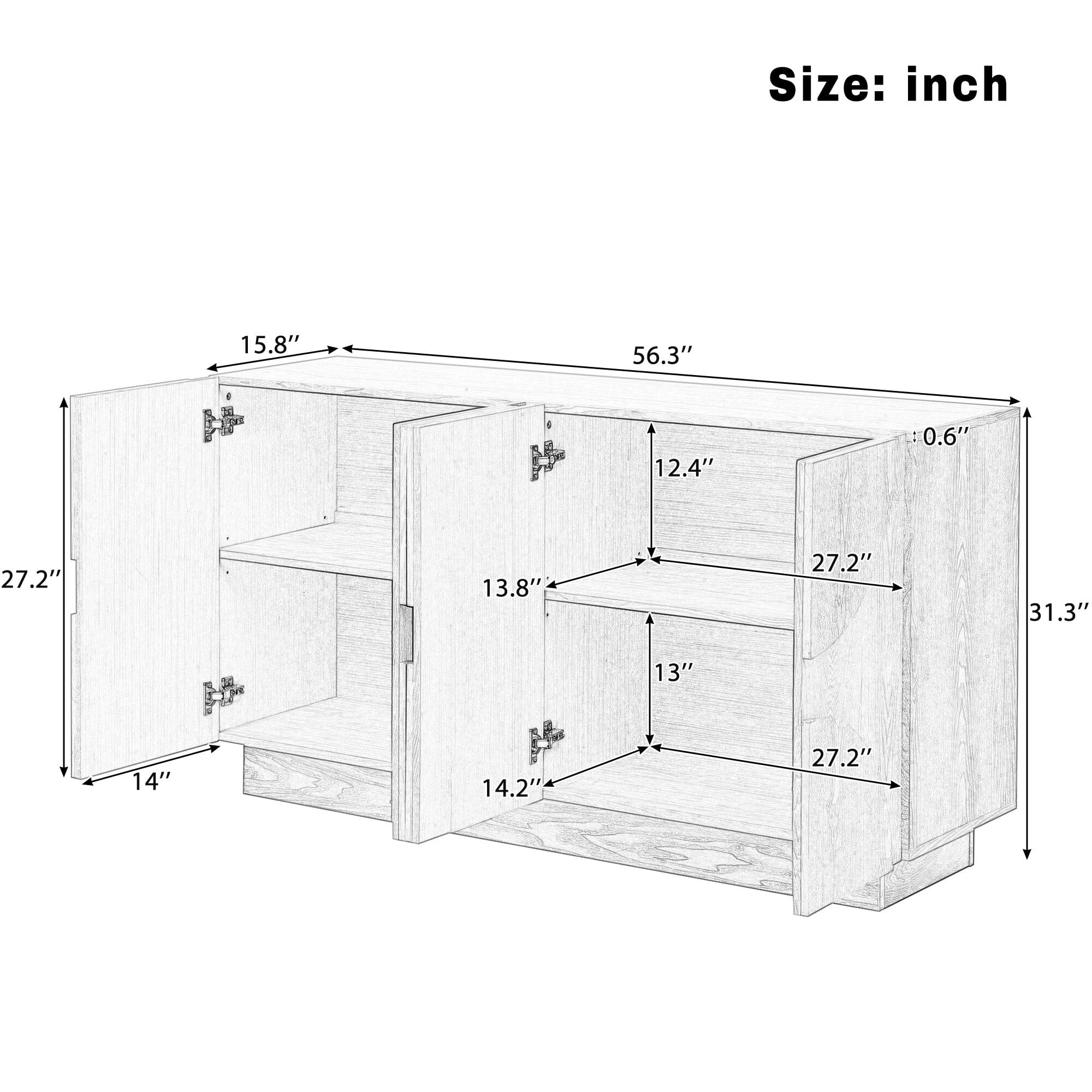 EUROCO 56.3" Large Storage Sideboard,Wood Buffet Cabinet with Adjustable Shelves,4 Doors and Semi-Circular Handles for Kitchen,Living Room,Natural