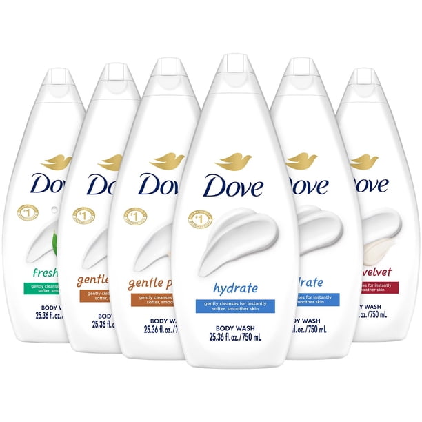 Dove Body Wash Value-Size Variedad Paquete de 6 - Hidratar Suave Mimar Cuidado Fresco y Terciopelo Sedoso Tamaño Familiar 25.36 Oz Ea