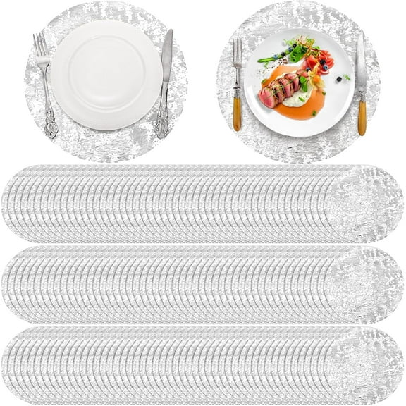 50pcs Silver Placemats, 13 Inch Disposable Round Foil Table Mats, Metallic Mesh Pressed Table Doilies for Wedding Birthday Party Dining Table Decor