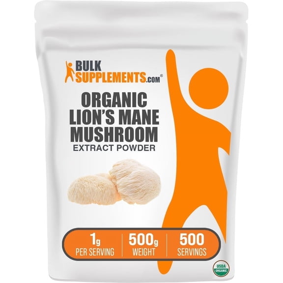 BulkSupplements Organic Lion's Mane Mushroom Extract Powder - Lions Mane Supplement, Vegan & Mushroom Supplement, 500g (1.1 lbs)