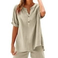 thumbnail image 4 of Tittly Womens Linen Shirt Linen Short Sleeve Shirt Women Linen Blouses for Women Womens Daily Casual Solid Short Sleeve V Neck Shirt Tops Blouse Brown, 4 of 9