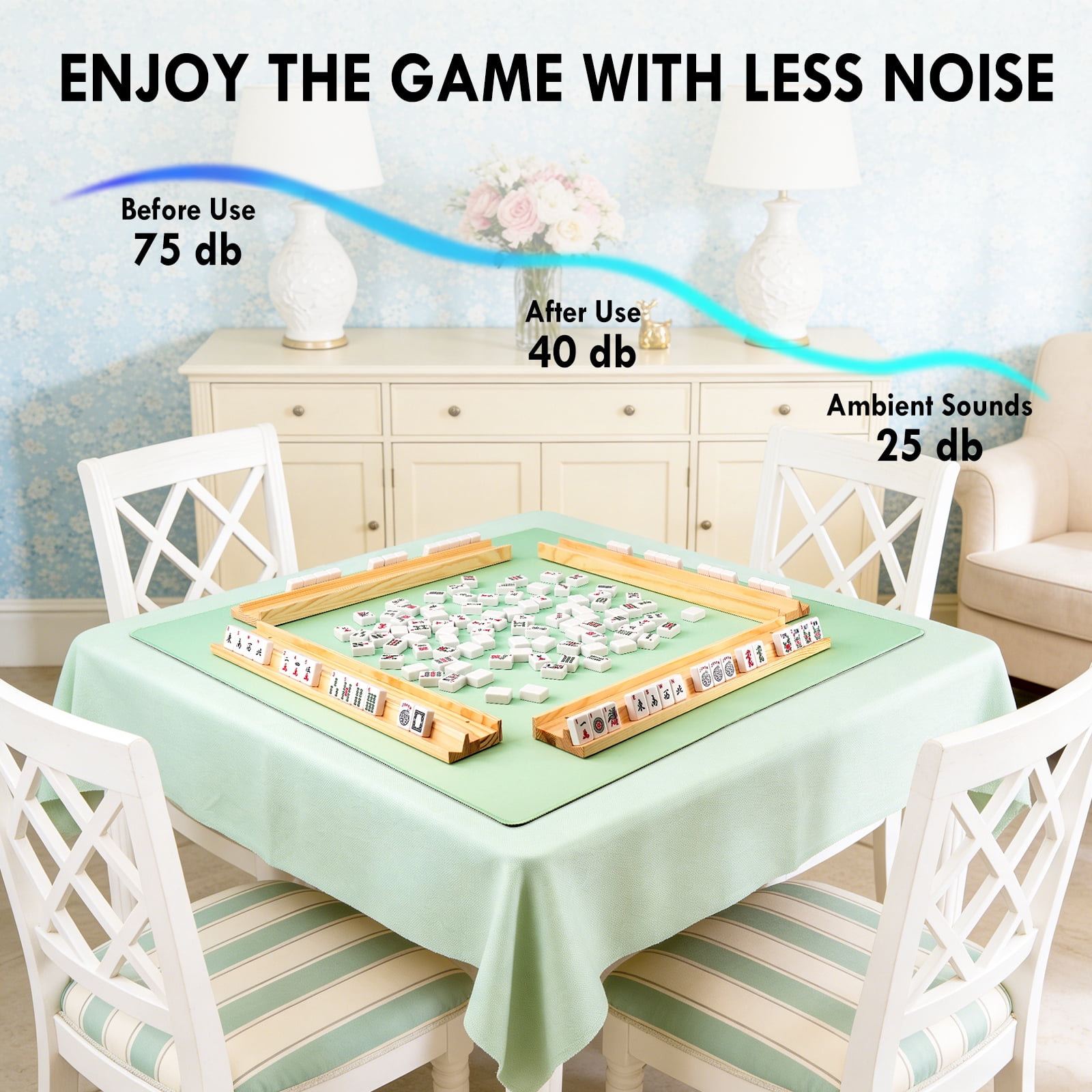Soothing Mahjong Mat with Carrying Bag, Macaron Green Noise Reducing Anti-Slip Pad for Game Nights, Premium Velvet Bag for Cards & Board Games