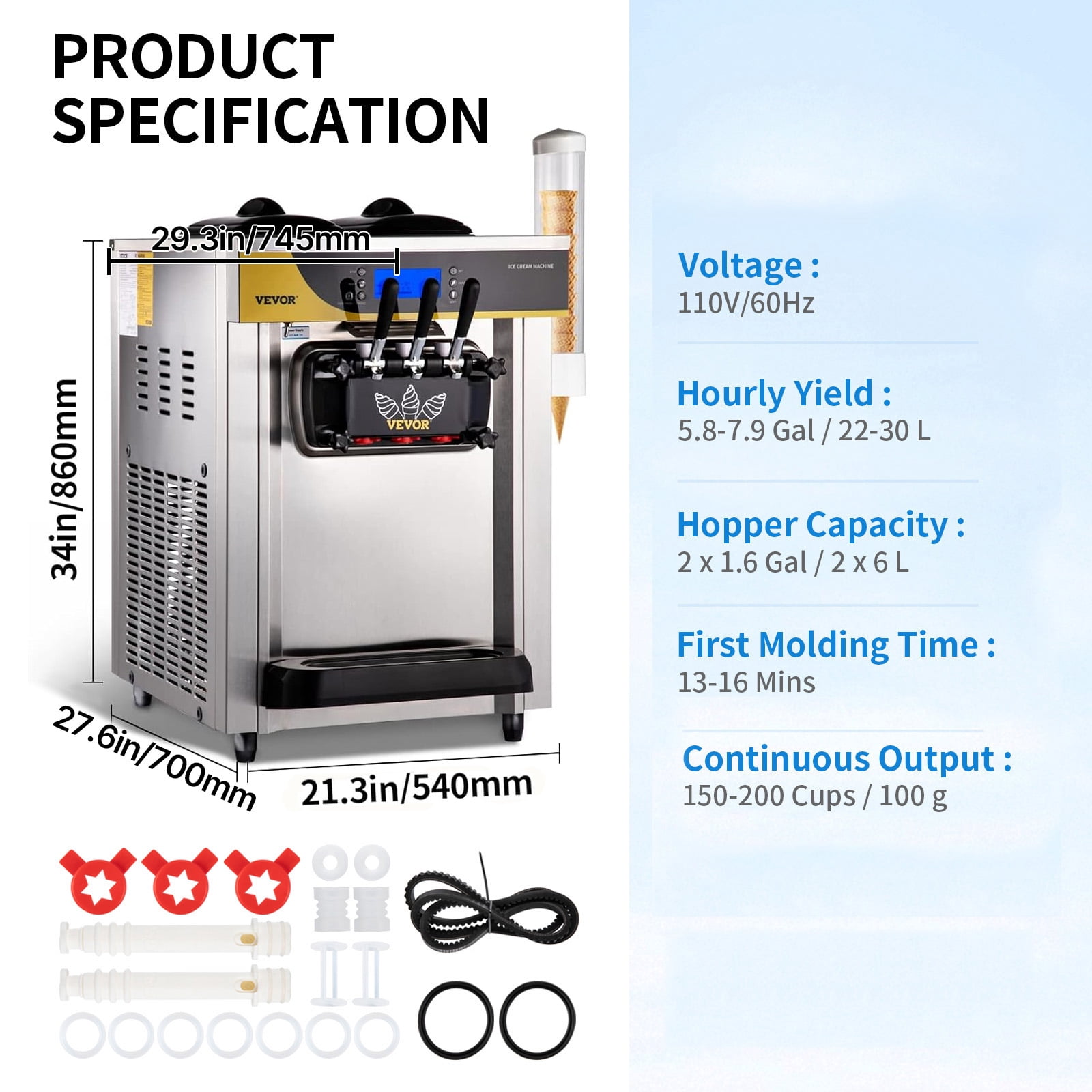 VEVOR Commercial Ice Cream Maker, 22-30L/H Yield, Countertop Soft Serve Machine w/ 2x6L Hopper 2L Cylinder LCD Panel Puffing Shortage Alarm, Frozen Yogurt Maker for Restaurant Snack Bar