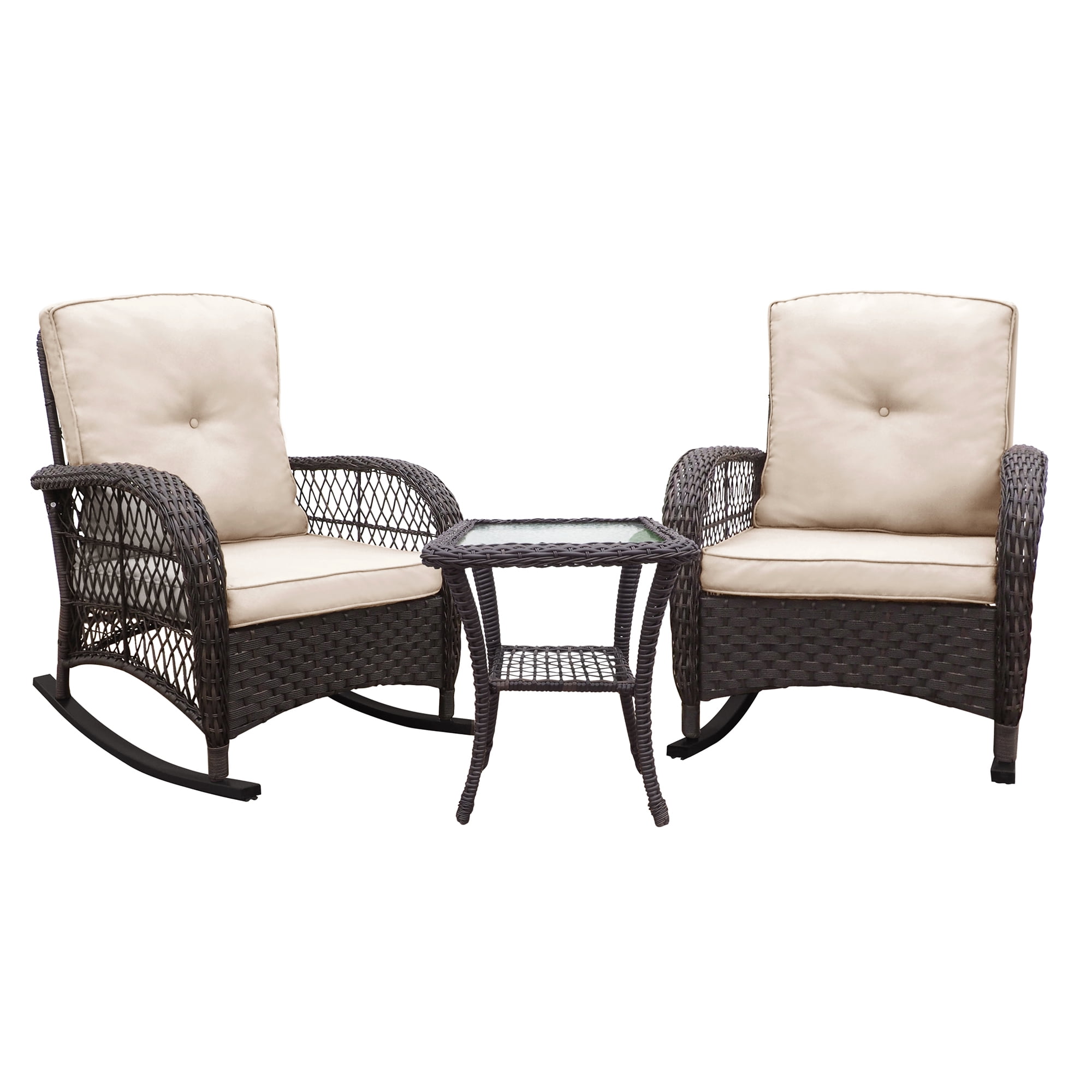 Aimee Lii 3 Pieces Conversation Set, Outdoor Wicker Rocker Patio Bistro Set, Pool Deck Furniture Set with Rocking Chair and Glass Top Side Table Aimee Lii 3 Pieces Conversation Set, Outdoor Wicker Rocker Patio Bistro Set, Pool Deck Furniture Set with Rocking Chair and Glass Top Side Table