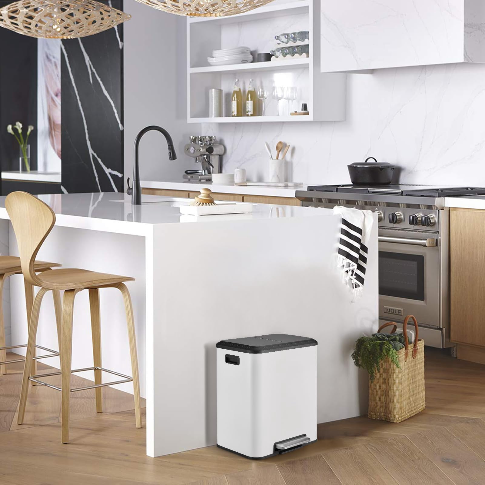 Meiyiu 8 Gallon Dual Compartment Garbage Can, White