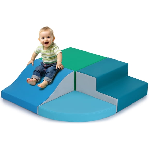 SweHouse Toddler Climb & Crawl Foam Blocl Play Set , 4-Piece Soft Play PU Leather Foam Climbing Blocks Baby Climbing Toys for Child Development (Blue)