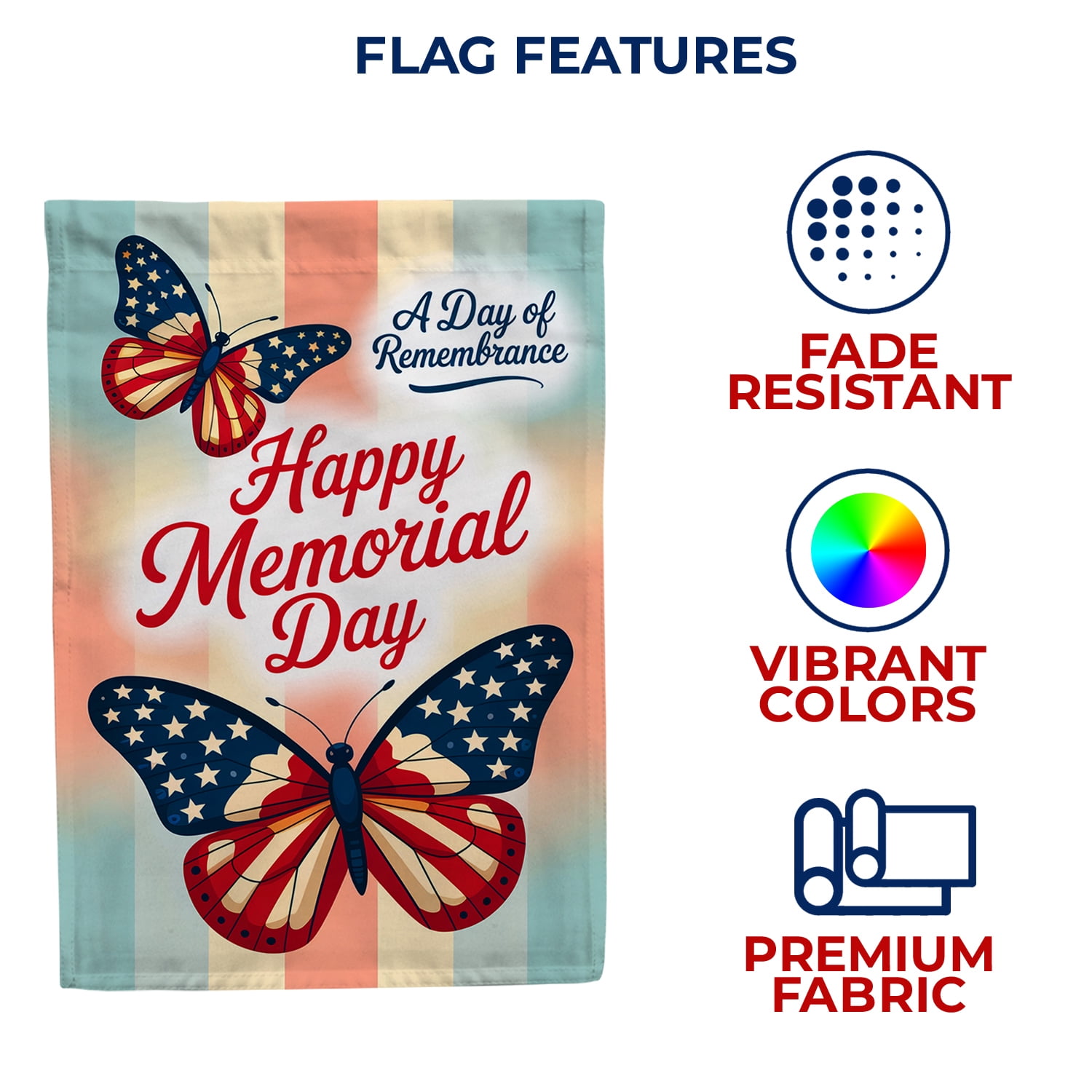 America Forever Happy Memorial Day Butterfly House Flag, 28 x 40 inch Double Sided, Watercolor Patriotic Banner, Remembrance Military Tribute Outdoor Yard Decorations