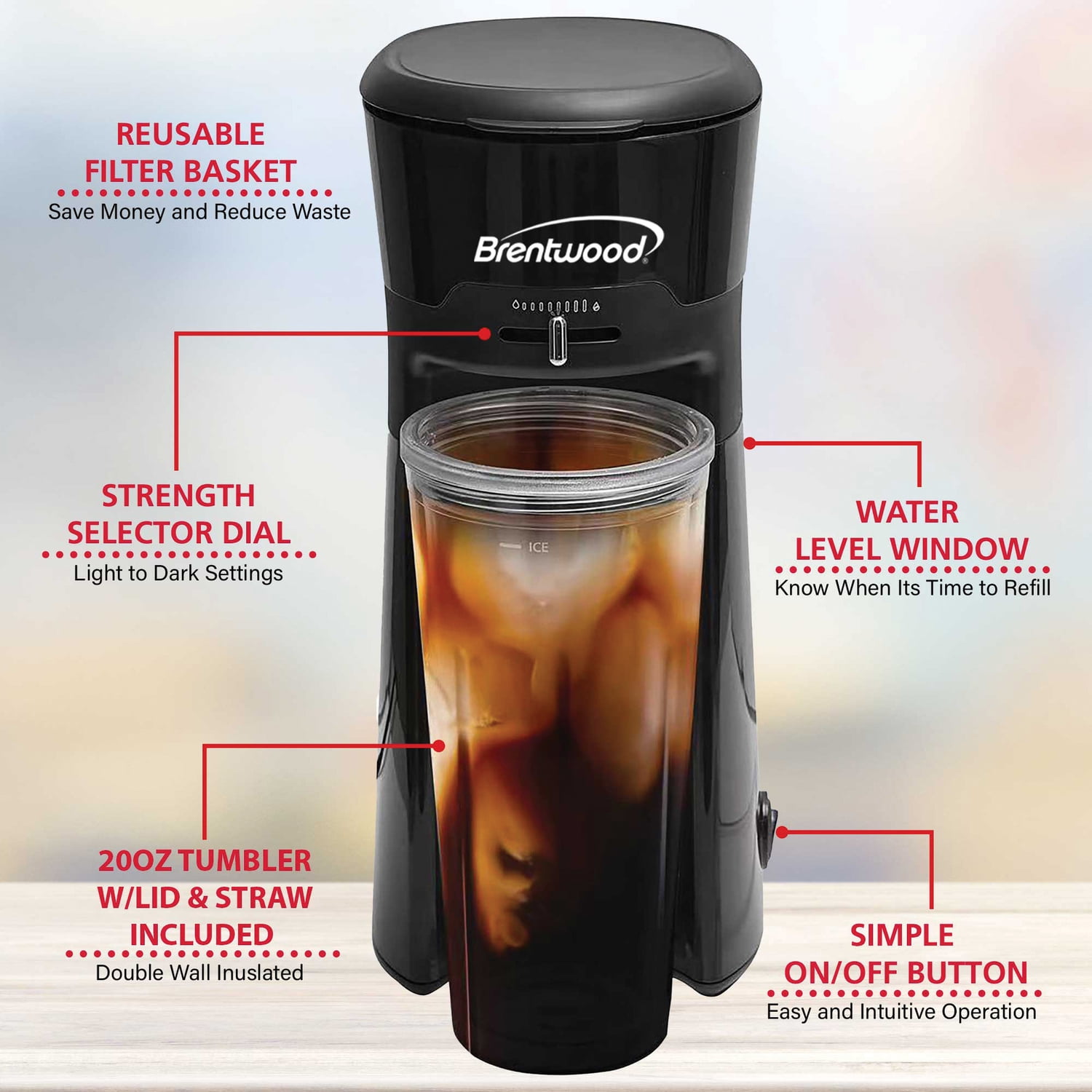 Brentwood Single-Serve Iced Coffee and Tea Maker with Reusable Filter, KT-2121BK