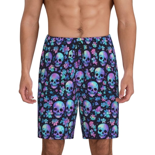 Balery Skull purple flower Pantalones cortos de pijama de punto de algodón para hombre con cinturilla y bolsillos-Large