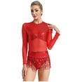 thumbnail image 3 of Xnihocha Women's Sequin Latin Dance Dress Tassel Jazz Dance Leotard Long Sleeve Ballroom Dancewear Red 14, 3 of 6