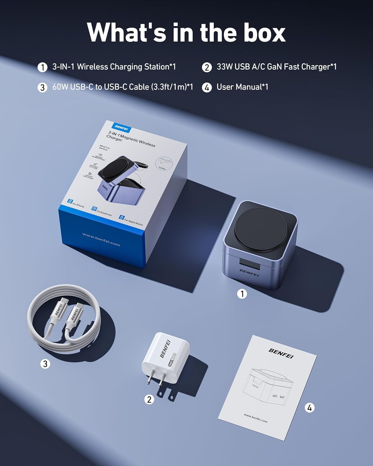 BENFEI 3-in-1 Foldable Charger Stand,Wireless Charging Station for iPhone 16/15/14/13/12 Series, Apple Watch & AirPods | Compact Cube Design | Includes 33W Power Adapter