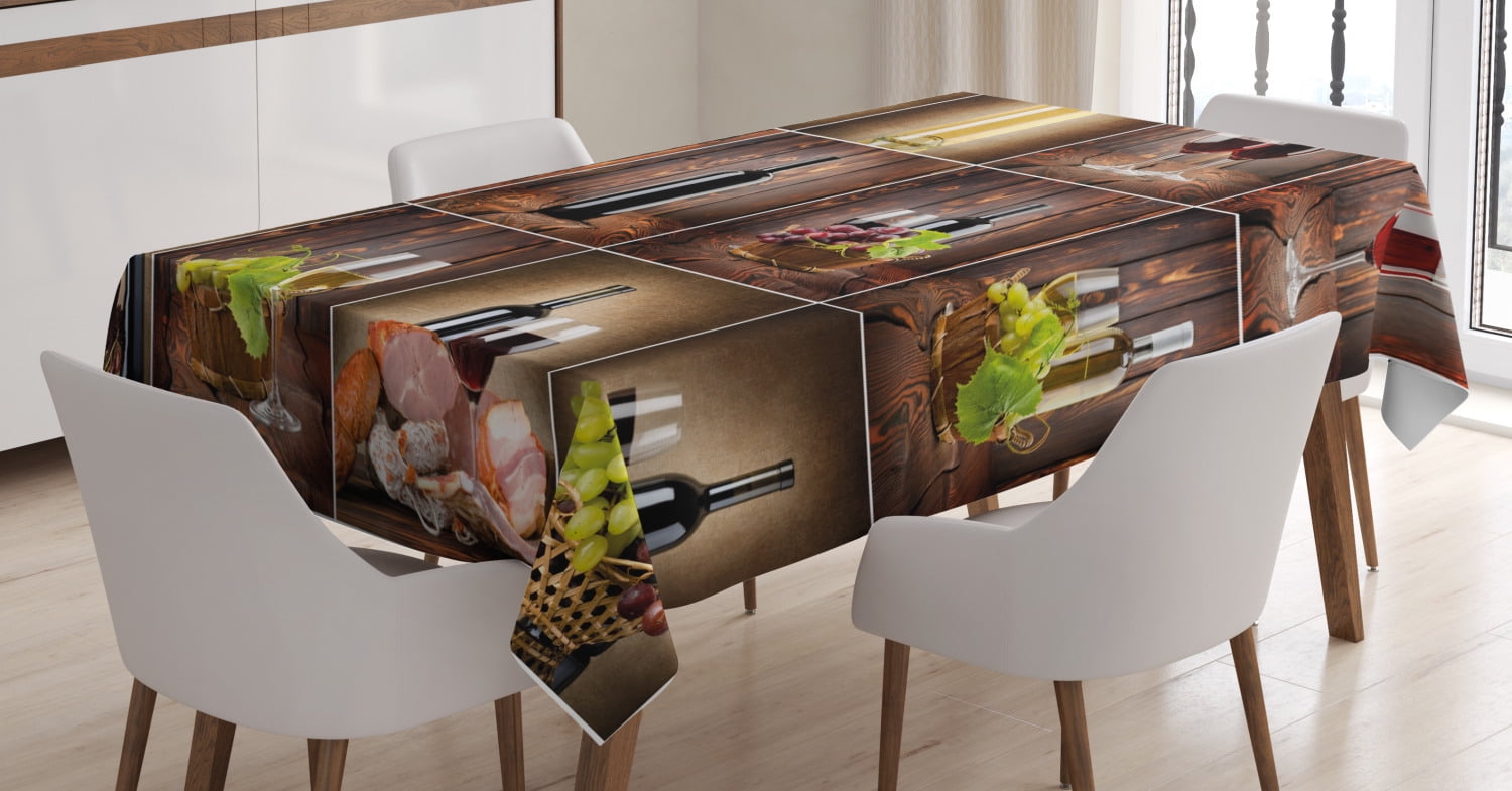 Wine Tablecloth, Wine Themed Collage on Wooden Backdrop with Grapes and