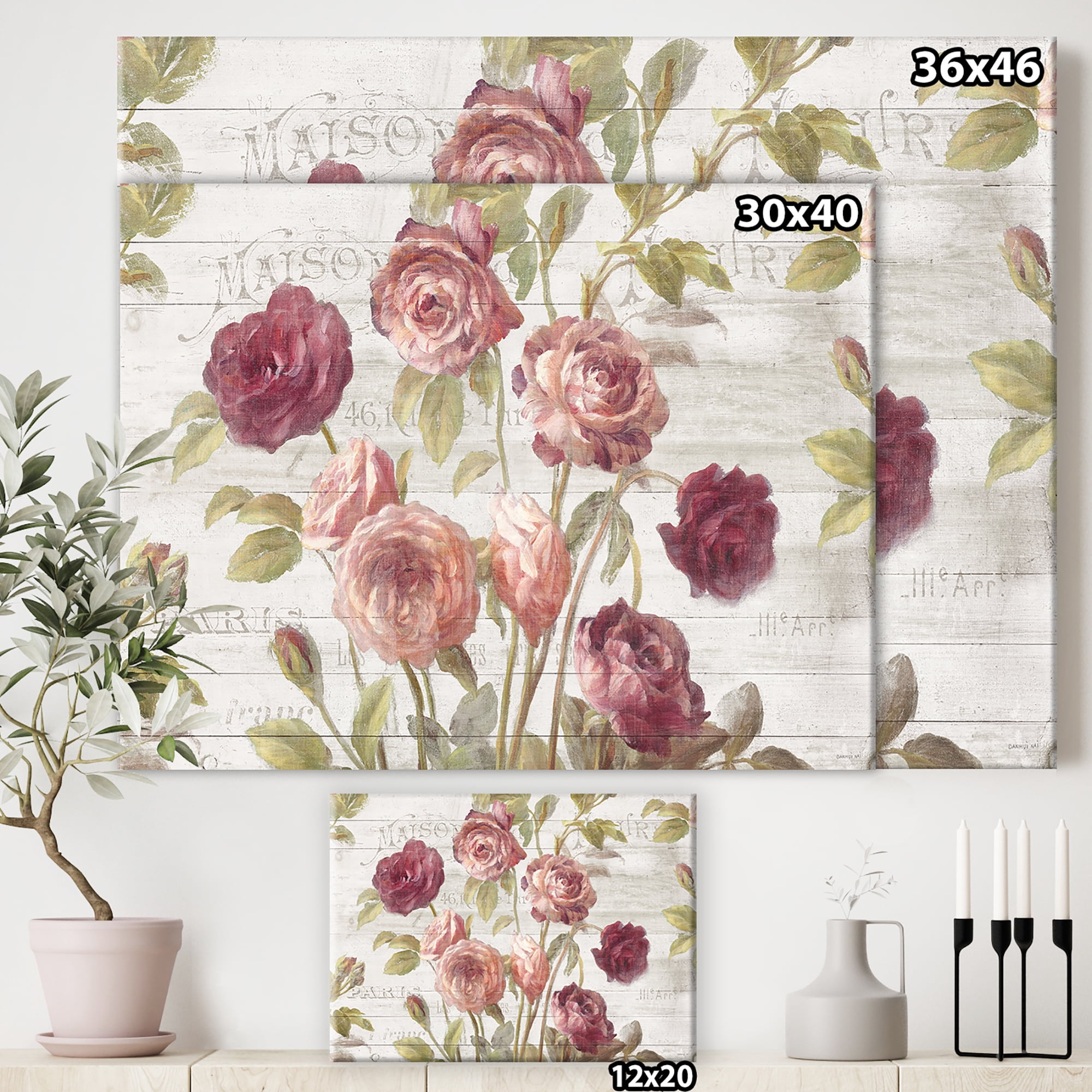 Designart 'French Roses I' Farmhouse Premium Canvas Wall Art