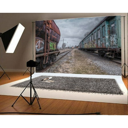 Image of MOHome 7x5ft Photography Backdrop Graffiti Ruined Train Carriage Railroad Tracks Dirt Road Dark Cloud Nature Background Kids Children Adults Photo Studio Props