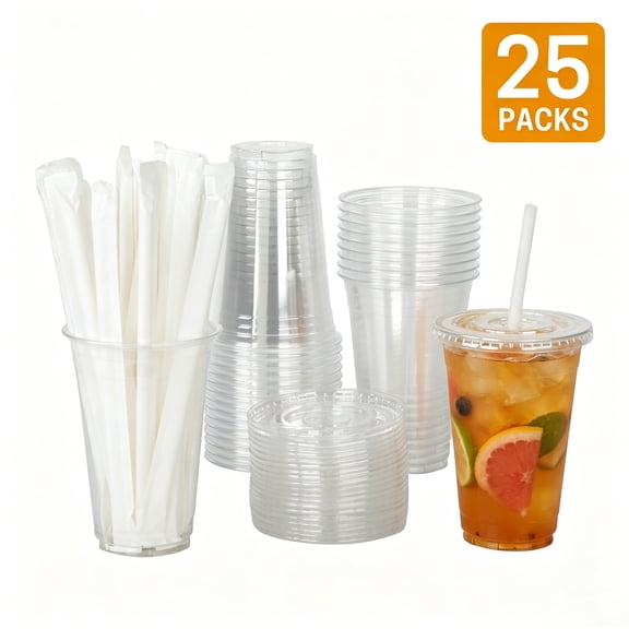 UNIWELL 20 oz Clear Plastic Cups with Lids and Straws, 25 Sets Disposable Drinking Cups for Cold Drinks, Iced Coffee, Milkshakes, Smoothies,