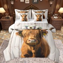 jejeloiu Rustic Western Farmhouse 7-Piece Bedding Comforter Set,Farm Highland Cattle King Bedding Sets,Brown Gray Bed Sheets For Kids,Breathable Home Decor Reversible
