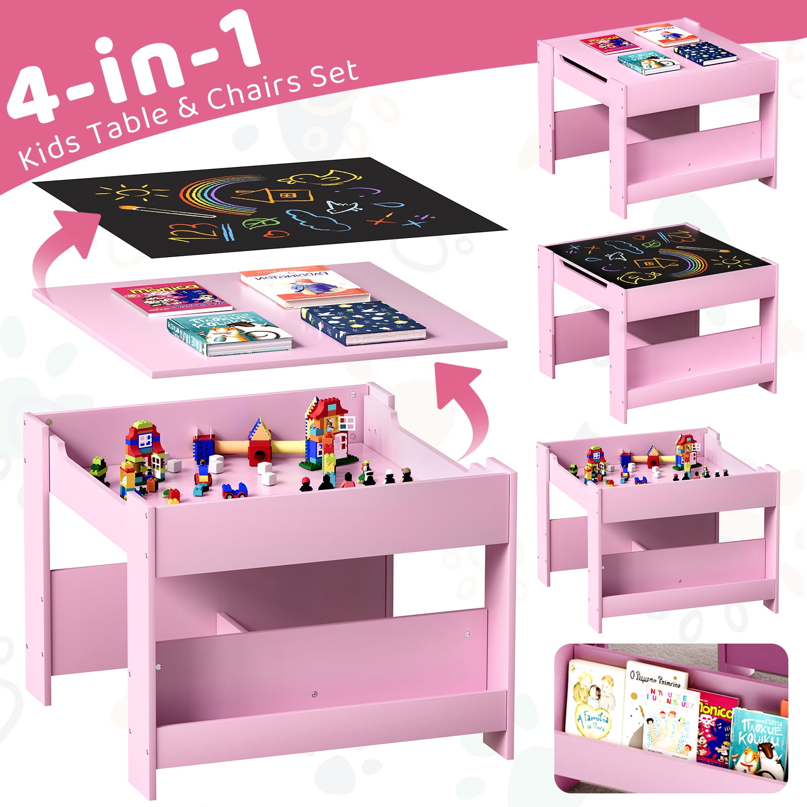 Pirecart Kids Table and Chairs Set, 4 in 1 Wooden Activity Table with Reversible & Detachable Tabletop, Storage Drawer, Bookshelf, Kids Art Desk for Drawing, Playing, Learning, Pink
