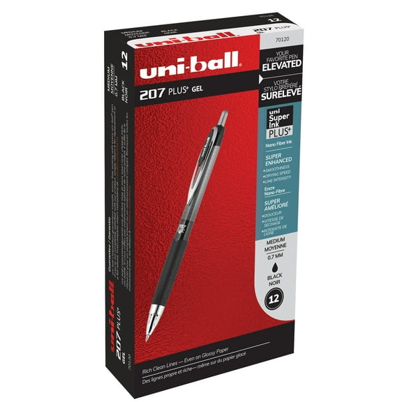 uniball 207 Plus  Retractable Gel Pen, Medium Point, 0.7 mm, Black Ink, 12 Count