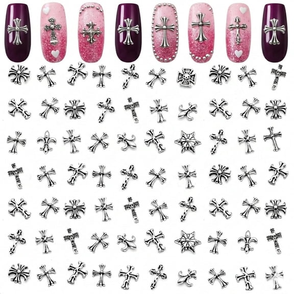 120 Pcs Silver Cross Nail Charms, 3D Acrylic, for Press-On & Gel