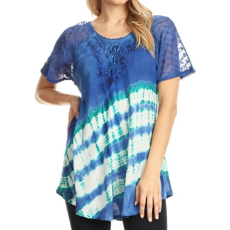 Sakkas Lulu Short Sleeve Summer Casual Fresh Blouse Top Lace Tie-dye & Corset - Blue - One Size Regular