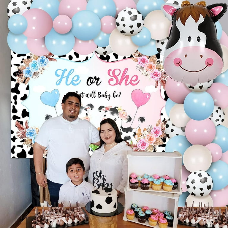 Cow Gender Reveal Decorations - Blue and Pink Cow Balloons Garland Kit with  Cow Baby Shower Backdrop, Cow Print Foil Balloon for Cow Theme Gender Reveal,  Cowgirl Cowboy Baby Shower Party Decorations 